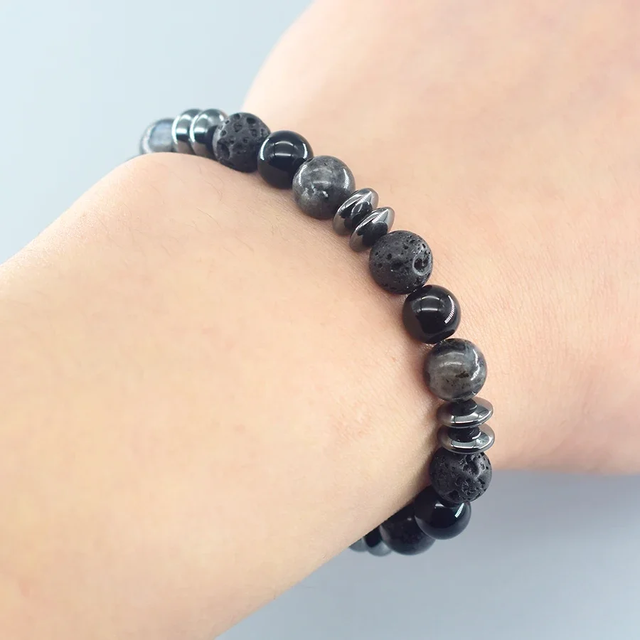 Classic Black Natural Labradorite Volcanic Stone Beads Bracelet Women Men Spiritual Protection and Energetic Banlance Jewelry