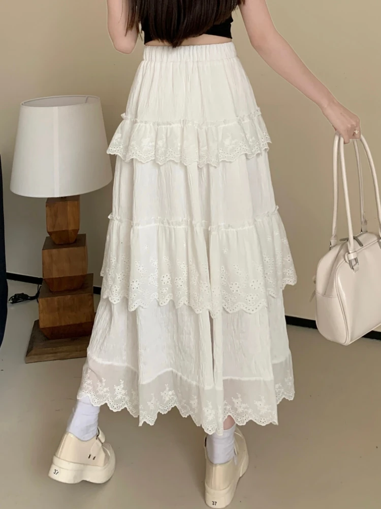 White Mid Long Skirt Women Crochet Lace Skirt 2024 Mori Girl Lolita Summer High Waist High Low Ruched Ruffle Pleated Skirts rok