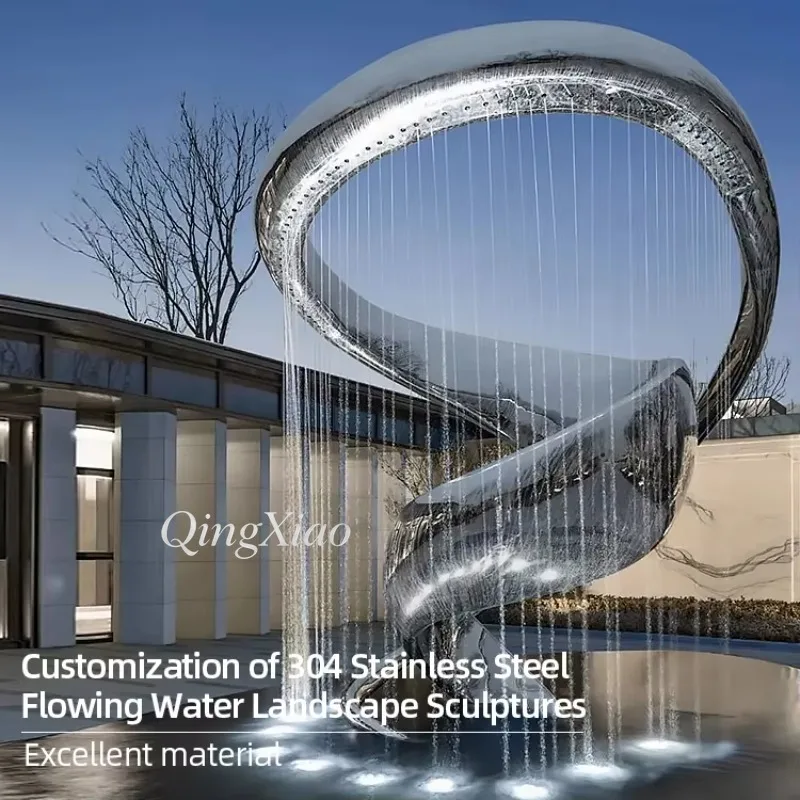Modern Circular Stainless Steel Fountain Sculpture Waterfall Ornament For Outdoor Garden Courtyard Fish Pond Hotel Luxurious