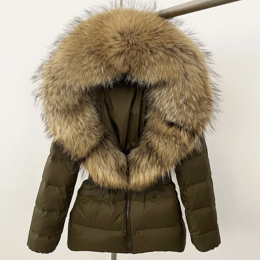 Nouveau 2025 hiver femmes à capuche blanc canard vers le bas manteau naturel réel raton laveur renard fourrure col veste ceinture épais chaud vêtements d'extérieur décontractés