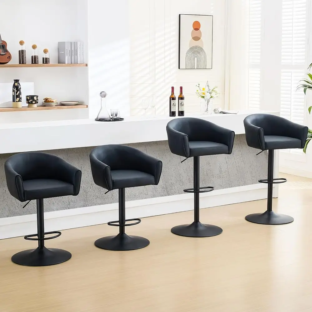 مجموعة من 4 مقاعد بار دوارة مع مسند للظهر ومساند للذراعين، وكراسي جلدية بارتفاع قابل للتعديل، 24-34 للاستخدام في المطبخ والعداد (