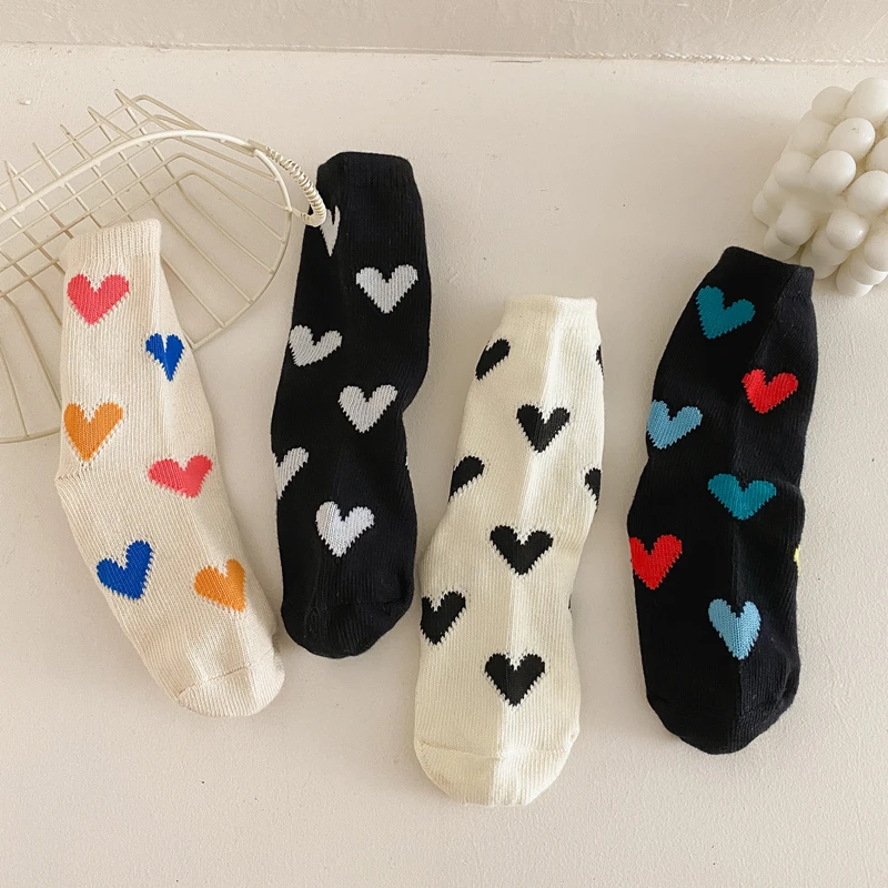 4 Pairs Children\'s Socks Autumn Winter Kawaii Cute Loving Boys Girls Tube Socks Warm Cotton Student Sports Socks For 3-12 Years