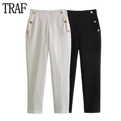 TRAF White Pencil Pants Women Button High Waist Woman Trousers Summer 2023 Pleated Pants for Women Masculine Office Women Pants