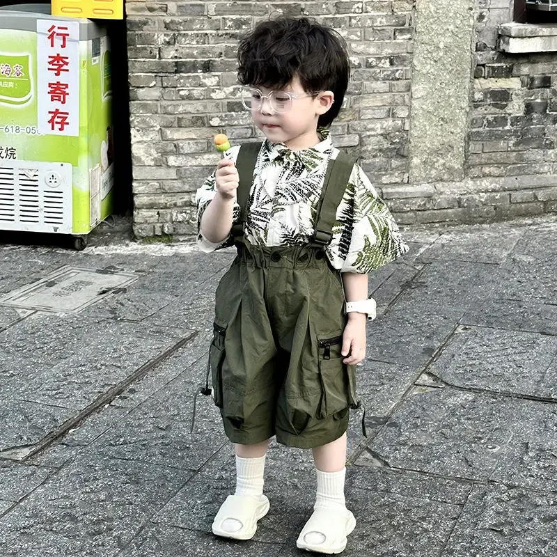 

Children's Blossom Button Shirt Strap Pants 2024 Summer Korean Edition Boys' Fashion Versatile Shirt Contrasting Colors Suits