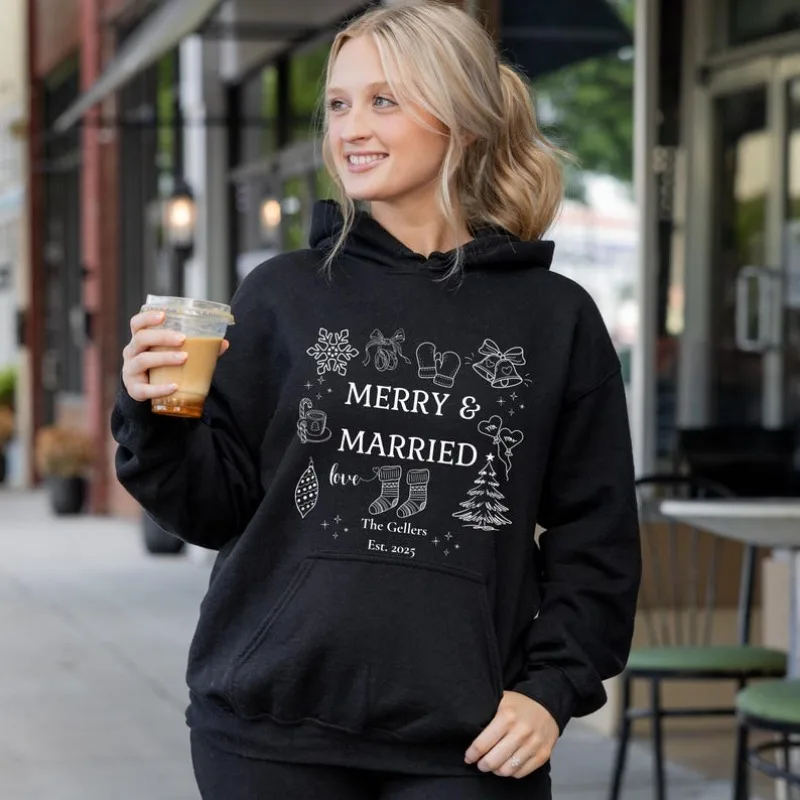 Custom Couples Christmas Hoodies Top Just Married Merry and Married First Christmas As Mr and Mrs Custom Gift for Newlyweds Gift