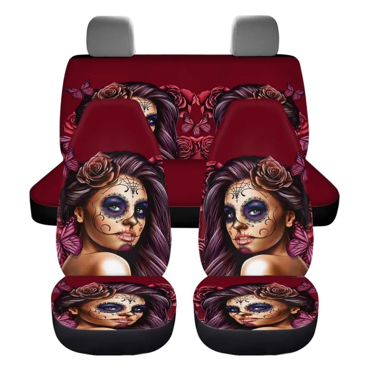 Day of the Dead Gothic Rose Girl 3D Print Car Seat Cover Full Set for Women Halloween Decor Auto Seat Cushion SUV Vehicles Sedan