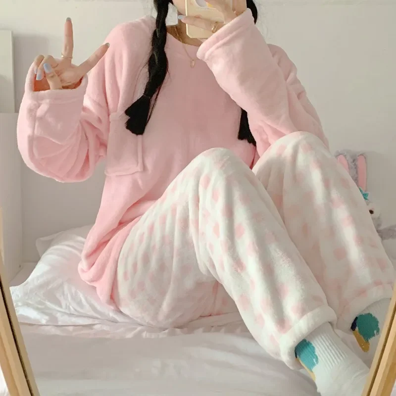 

Winter Long Sleeve Pajama Sets Women Coral Velvet Loose Thick Thermal Sweet Kawaii Plaid Trousers Plush Sleepwear Windproof Cozy