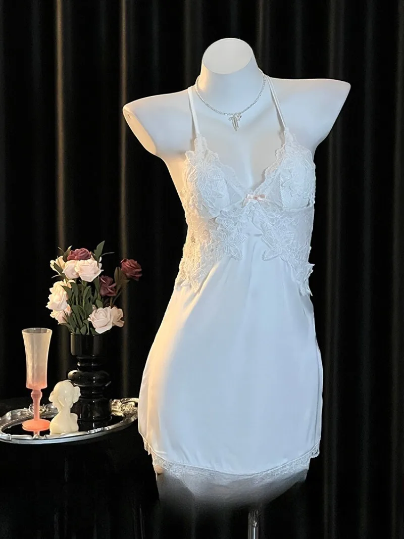 

Pure Sensual Moonlight Nightgown for Women–Deep V Halter Neck with Chest Cushion,See-Through Lace Backless Pajama