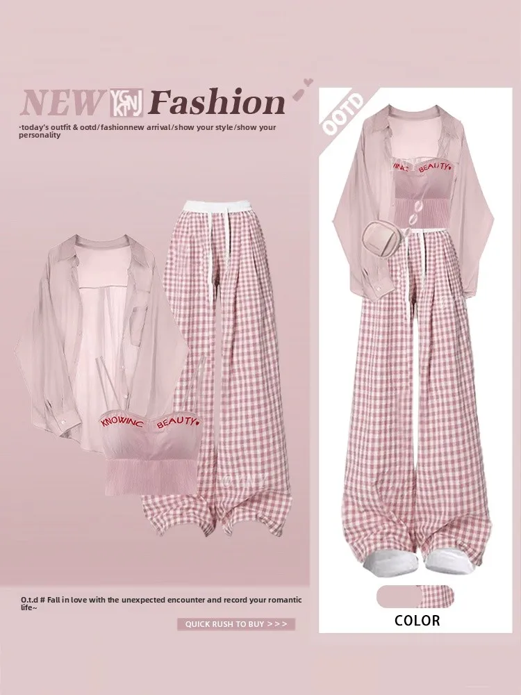 

Осенний женский комплект Dopane: рубашка с длинным рукавом, брюки в клетку с завышенной талией на шнурке и жилет, модный повседневный набор