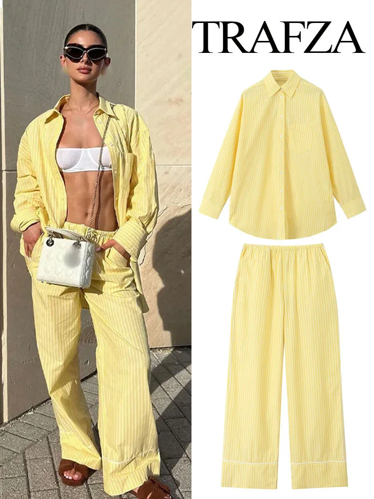 New Summer Fashion Women Pant Suits Stripe Turn-Down Collar Long Sleeves Single Breasted Shirts+Elastic Waist Pockets Pants