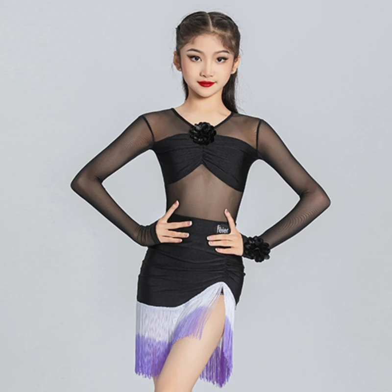 

2024 Latin Dance Practice Costume Girls Black Mesh Top With Gradient Purple Fringe Skirt Set Rumba Samba Performance Wear VBH540