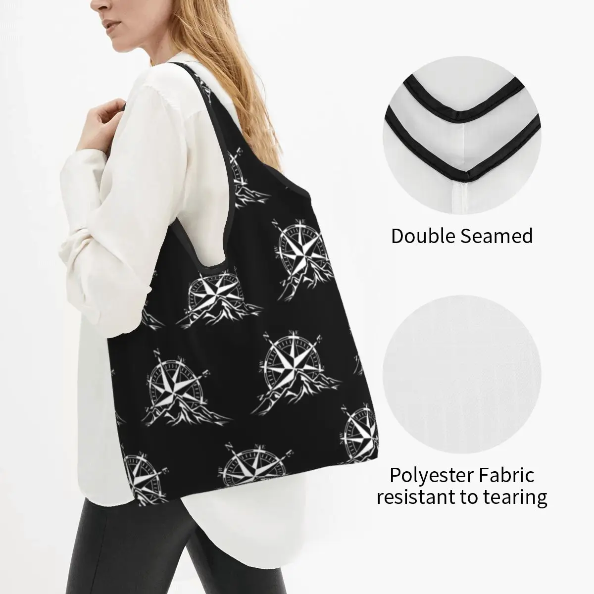 Funny Printing Compass Rose Mountain Shopping Tote Bags Portable Shopper Shoulder Nautical Handbag