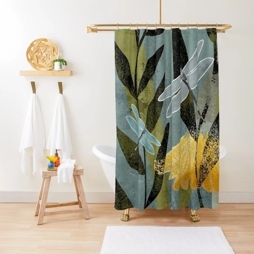 

Dragonfly and dandelion garden. Paper press graphic art print. Caroline Laursen original. Shower Curtain Bathroom Box Curtain