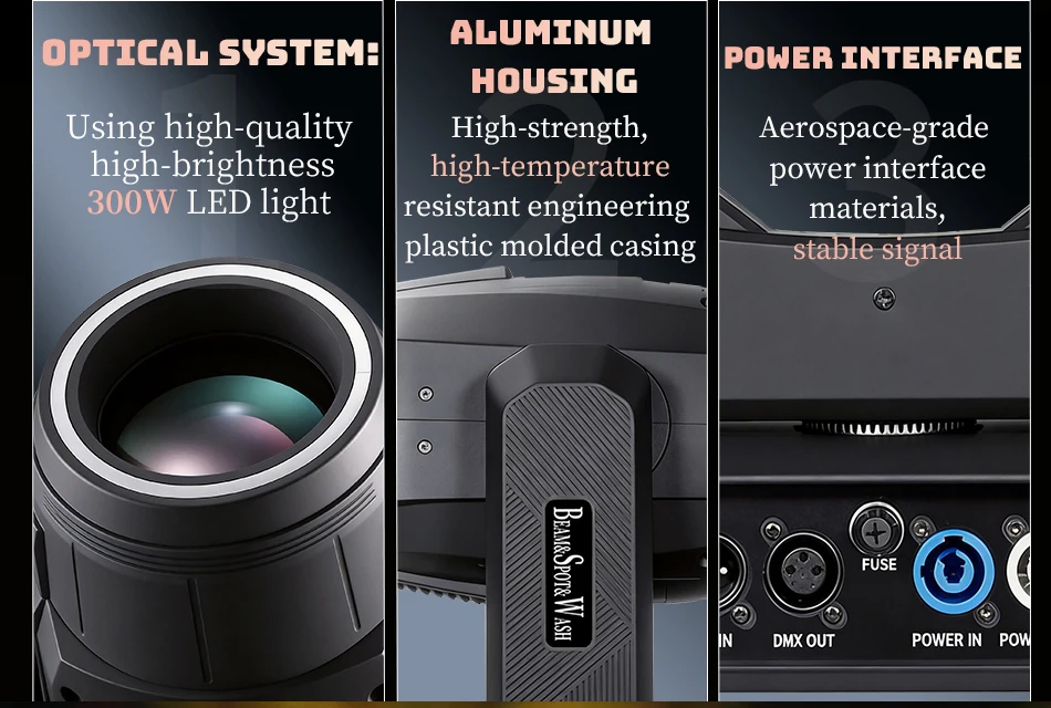 Aicpose 300W LED 3in1 BSW Moving Head Bühnenlicht Professionelles Beam-Spot-Wash-Licht für Clubveranstaltungen Großhandel Beleuchtung – Detail 2