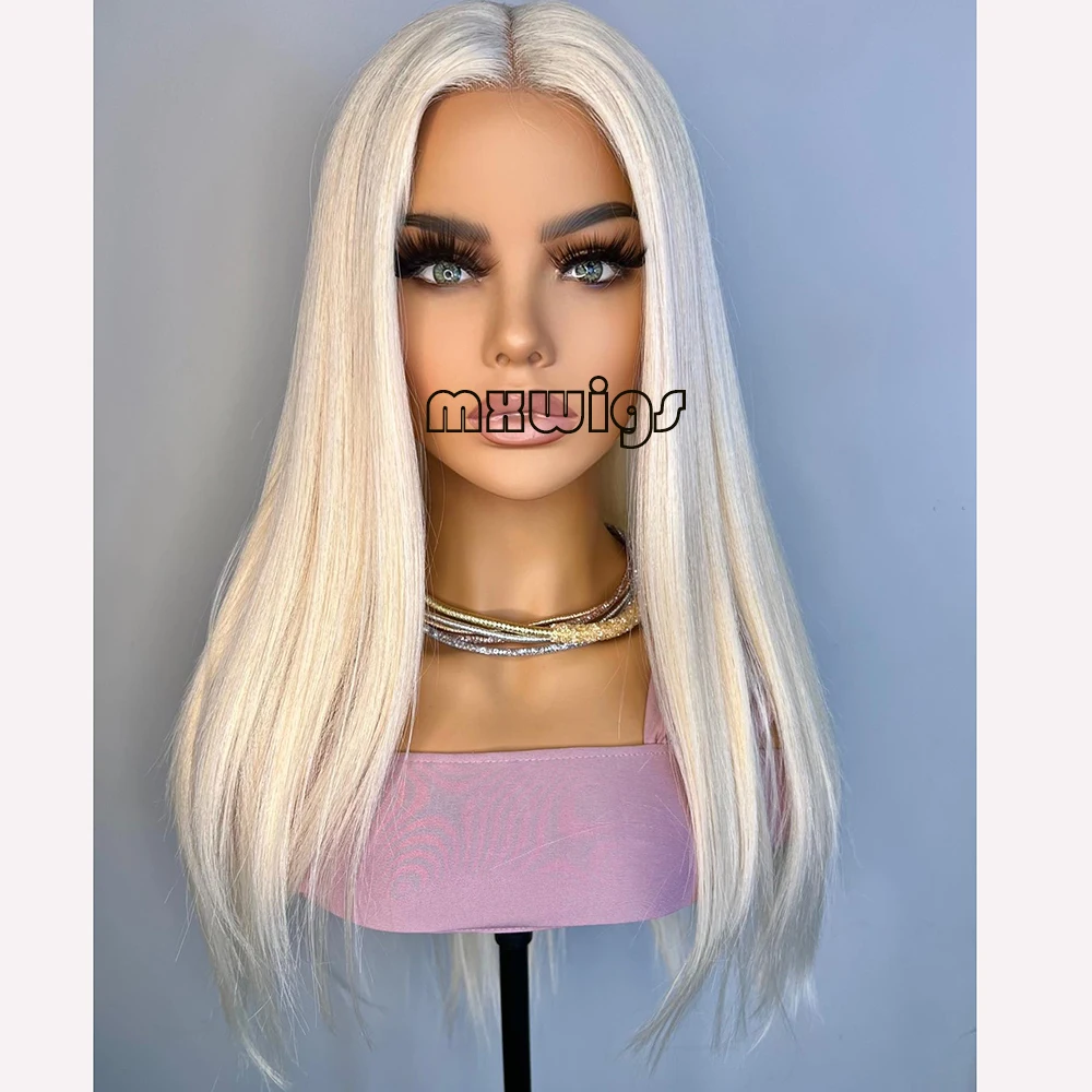 

MXWIGS Blonde Platinum Straight Hair Synthetic 13X4 Lace Front Wig For Women Cosplay Glueless Preplucked Heat Resistant Fiber