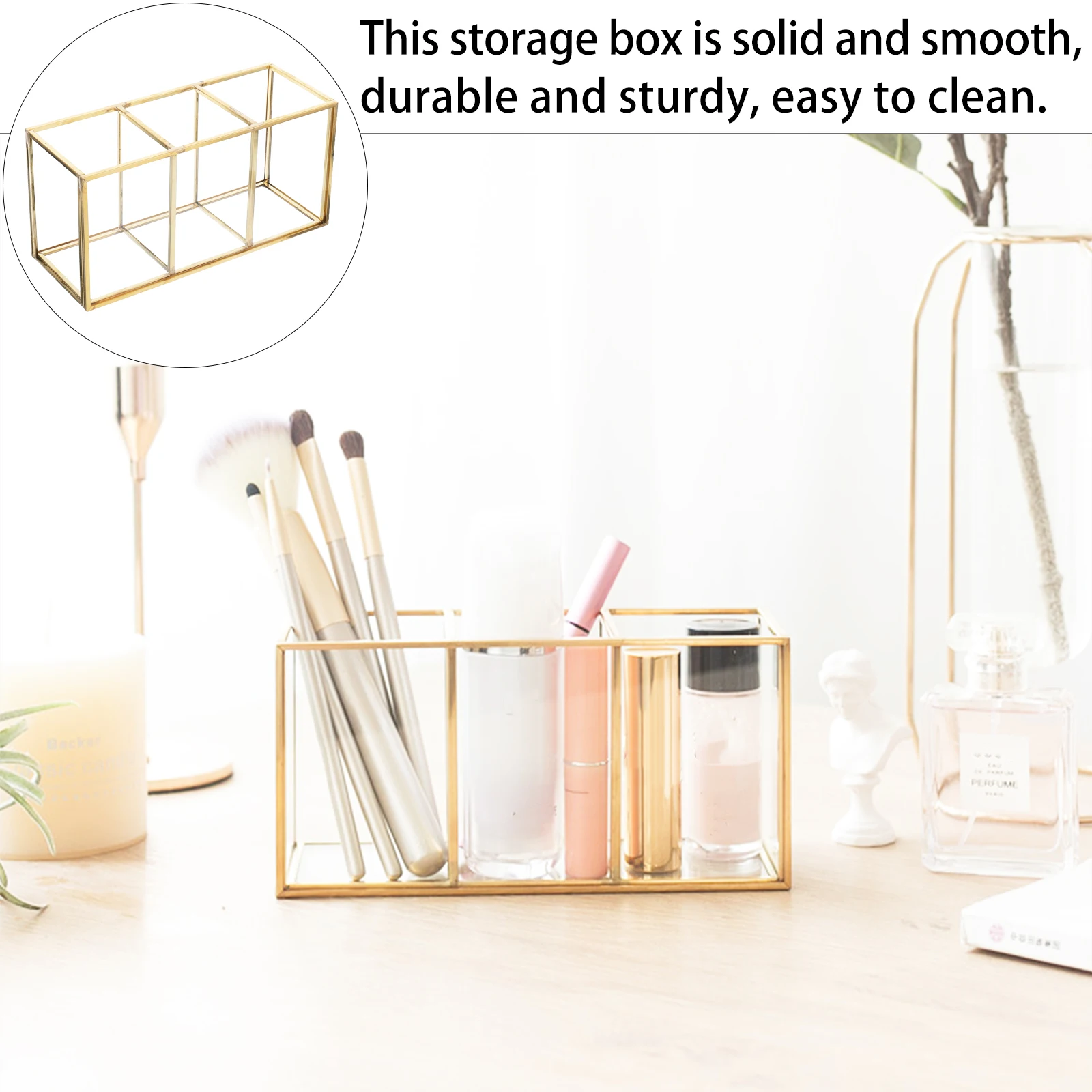 

Elegant Glass Storage Box Metal Organizer Vintage Golden Design No Assembly Required Decorative