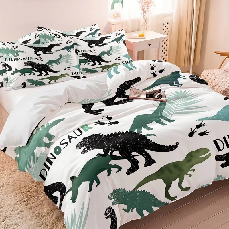 Cartoon Dinosaur Bedding Set Cute Dino Duvet Cover Set for Boys Teens Bedroom Decor Wildlife Jungle Animal Comforter Cover Set