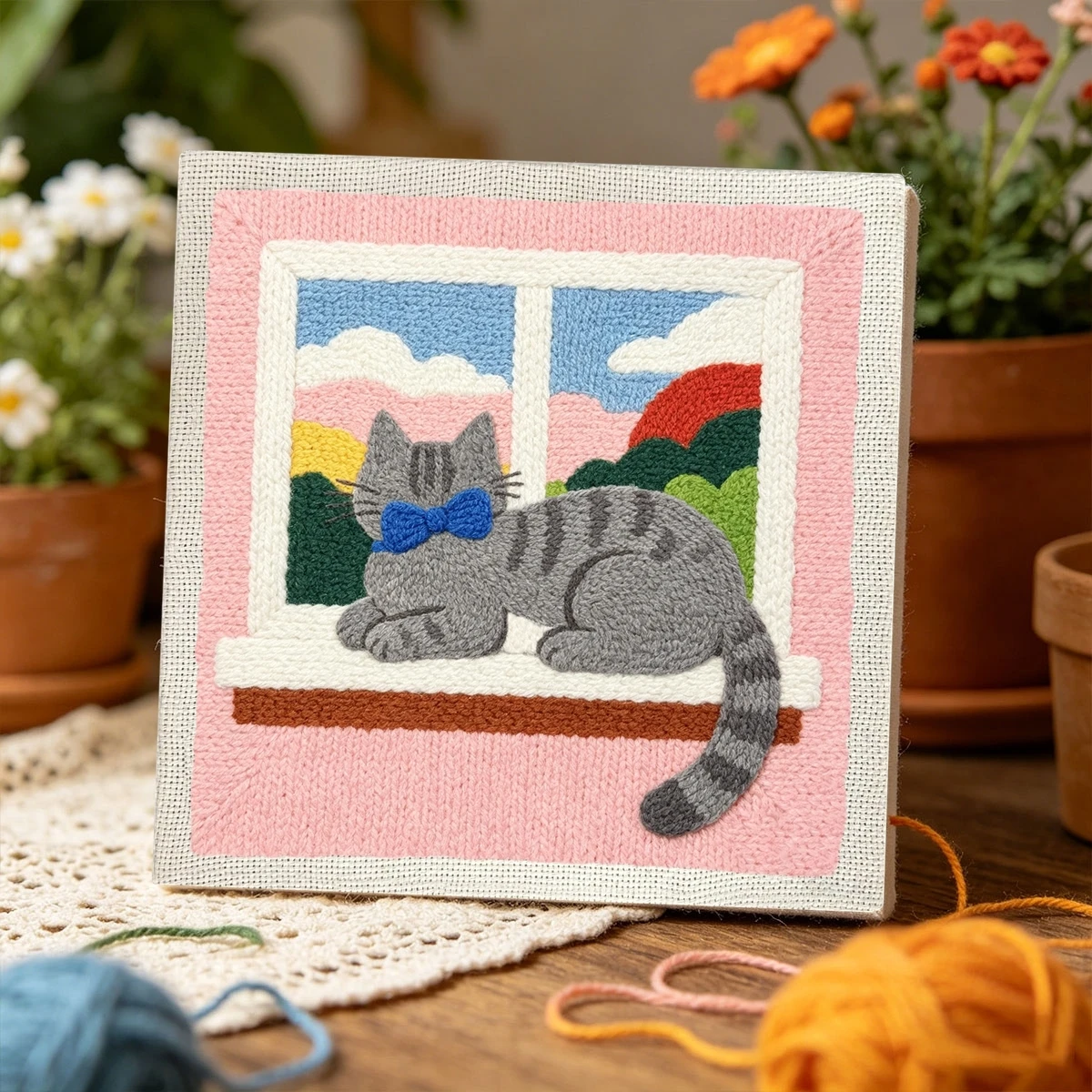 1 Set Katze auf der Fensterbank DIY-Stickset für Anfänger, Stick-Starter-Kit, Kreuzstich-Kunstgeschenk, Handarbeits-Bastelset – Detail 3