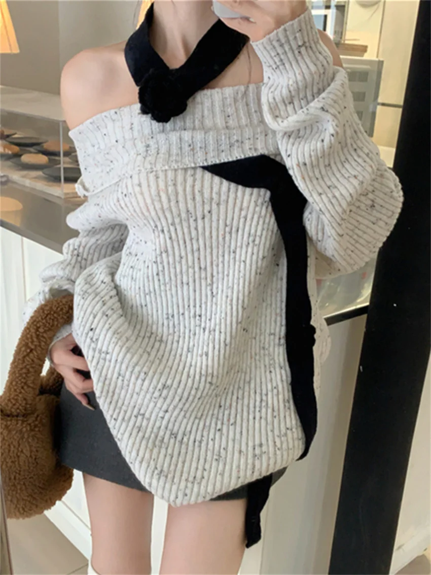 

PLAMTEE High Street Sweaters Spring 2024 Slash Neck Chic Loose Daily Solid Sweet Knitted Camellia All Match Casual Pullovers