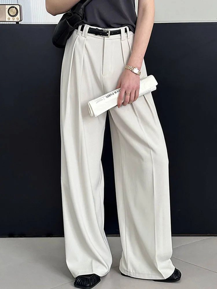 [LANMREM] Fashion Pleated Wide Leg Pant For Women High Waist Straight Loose Suits Trousers Female 2024 Spring New 26D8268