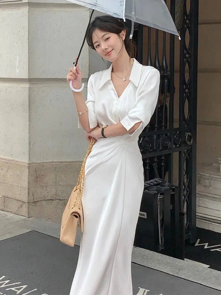 Autumn Elegant Shirt Dresses for Women V-neck Long Sleeve Bodycon Mermaid Slim Waist Korean Chic One Piece Office Lady Vestidos