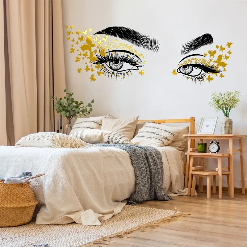 Gold Beautiful Girl Eyes Wall Sticker Flying Butterfly Mural Decal Girl Long Eyelashes for Couple Lovers Bedroom Decor Wallpaper