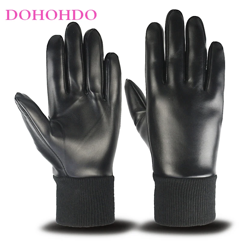 

Leather Gloves Men Autumn And Winter Warm Velvet Touch Screen Dew Two Fingers Outdoor Sports Motorcycle PU Black Leather Gloves