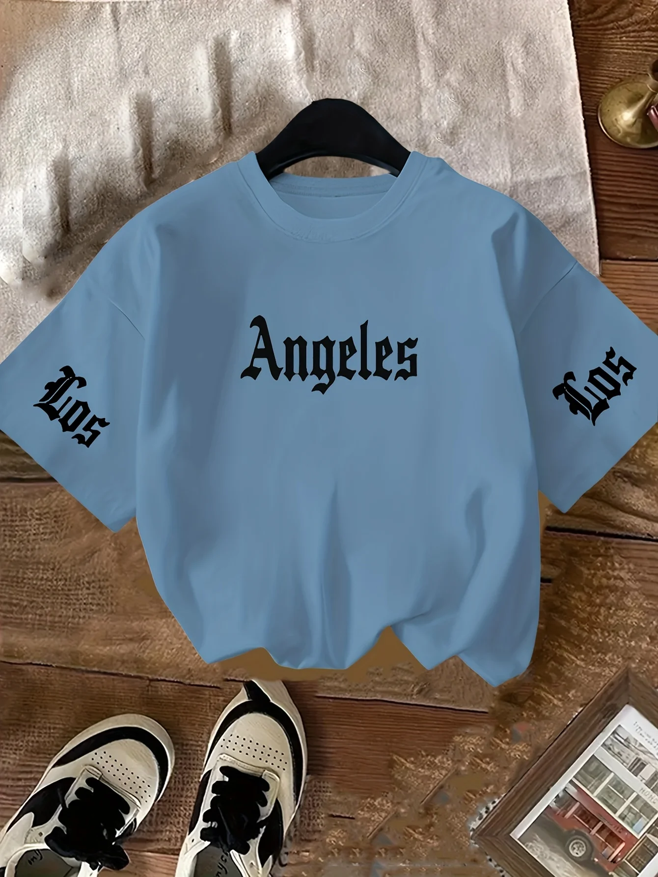 Summer Casual Round Neck Children's T-shirt LOS ANGEL Pattern Top Suitable for Teenagers and Their Families