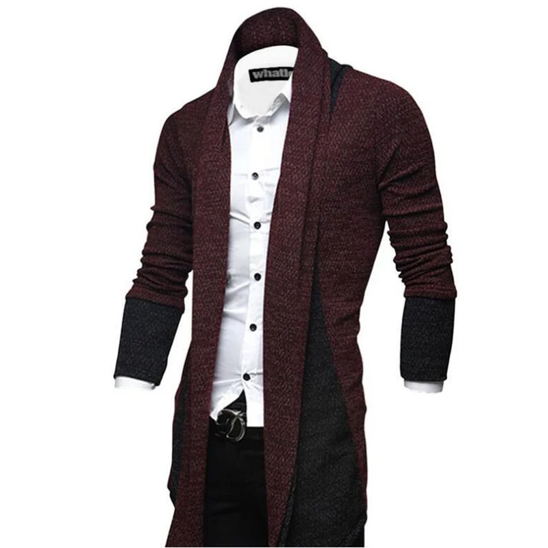 Men Autumn&Winter Sweater Long Sleeve Color Block Patchwork Knitted Loose Plus Size Long Coat Men\'s Cardigan Top Outwear