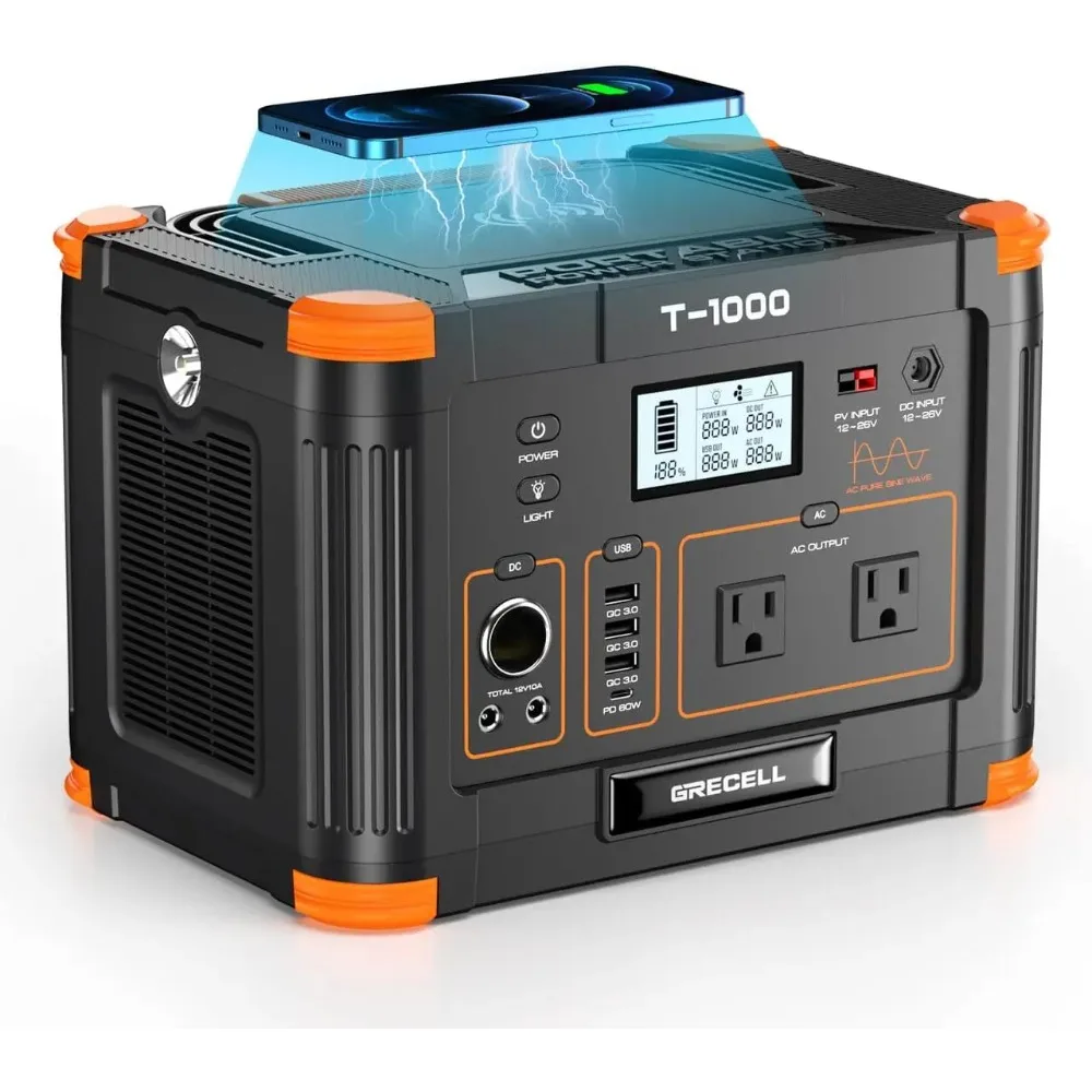 

Portable Power Station 1000W (Peak 2000W), GRECELL 999Wh Solar Generator with 60W USB-C PD Output, 110V Pure Sine Wave AC Outlet