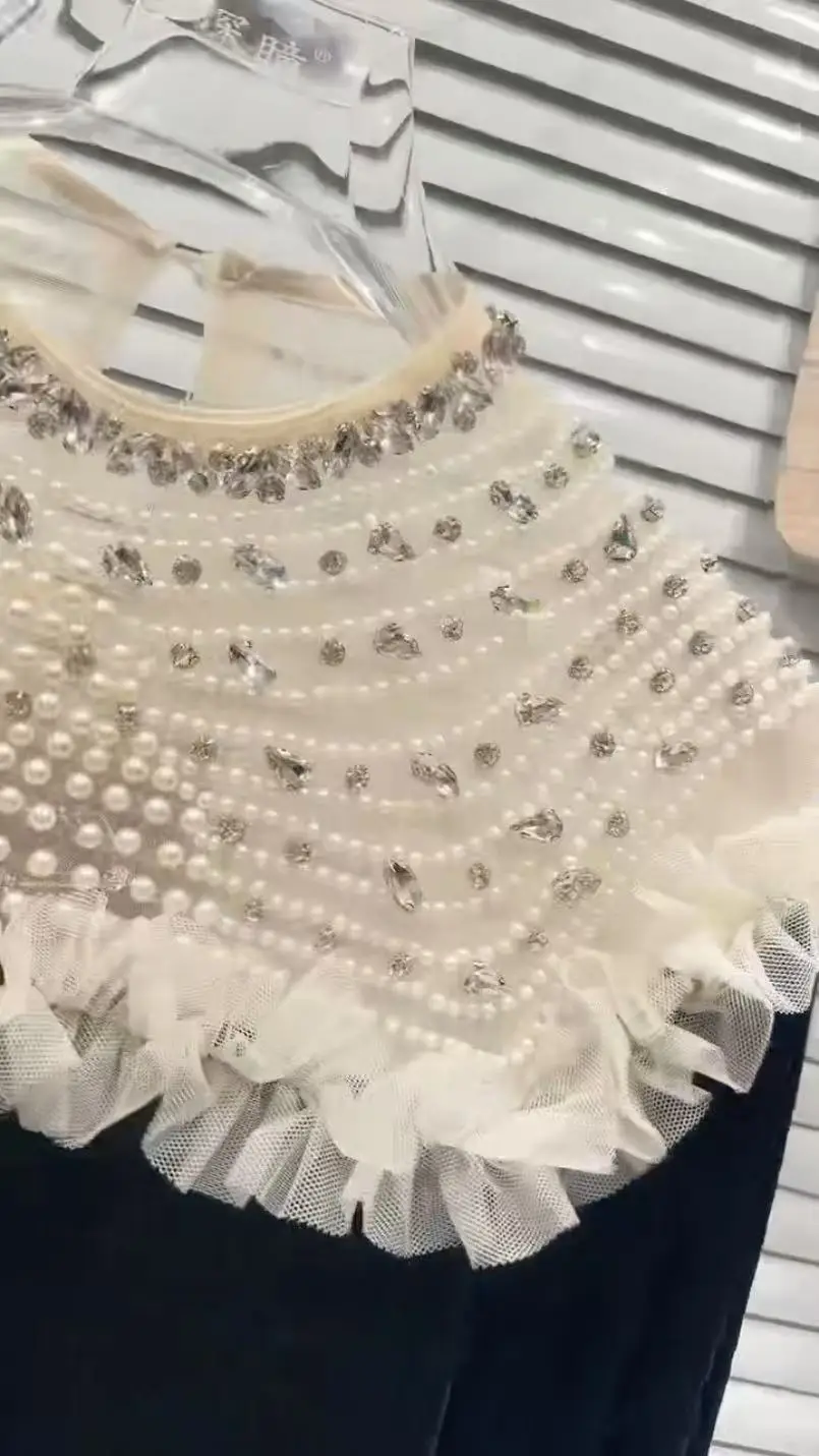 

Luxury Design Diamonds Pearls Beading Black Blouses Shirts Women 2025 Autumn Winter Full Sleeve Tops Camisas De Mujer