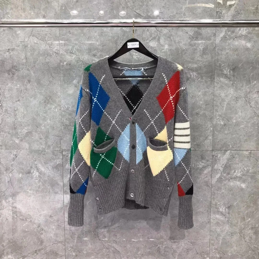 

Tb Tom, осенне-зимний новый шерстяной кардиган с v-образным вырезом Argyle, удобный универсальный свитер унисекс с четырьмя пуговицами