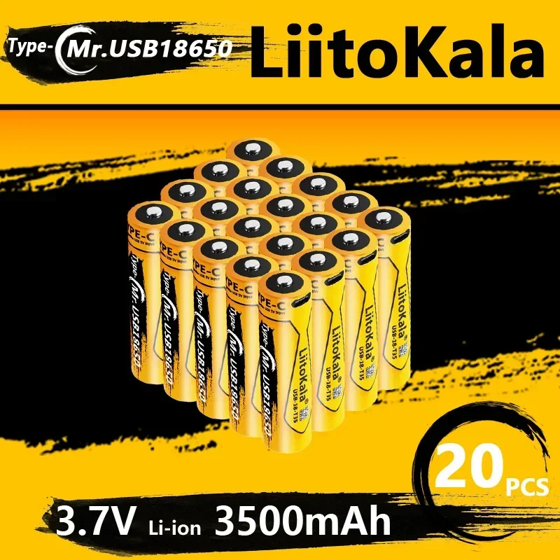 20pcs LiitoKala USB-18-T35 TYPE-C USB 18650 3.7V 3500mAh Rechargeable Li-ion Battery for Flashlight