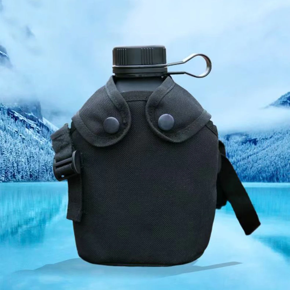 Crossbody bag style tactical kettle, Large capacity aluminum flat kettle, Mountaineering outdoor portable sports bottle,1000ml