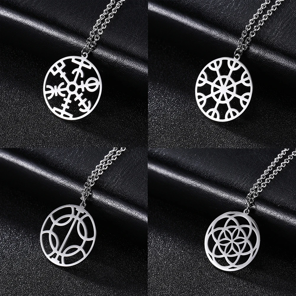 Skyrim Amulet Protection Pendant Necklace Women Stainless Steel Aegishjalmur Vegvisir Compass Flower of Life Neck Chains