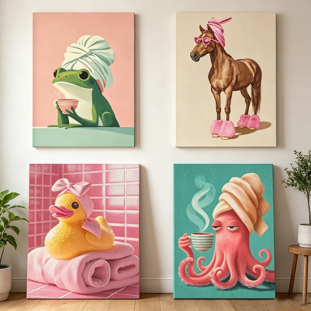 Multiple sizes 1pc frameless Canvas Painting,Cute Bathing Animal Canvas Poster Frog Horse Octopus Rubber Duck with Shower Cap Pr