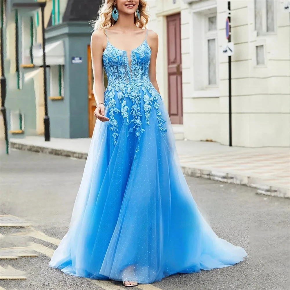 Tüll-Abendkleider für Damen, V-Ausschnitt, langes Ballkleid, Spitzenapplikation, formelle Partykleider, Robes de Soirée, Partykleid
