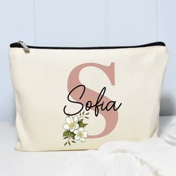 Nome borsa per il trucco lettera floreale matrimonio damigella d'onore regalo viaggio organizzatore cosmetico tela borsa laterale personalizzata borsa portamatite da donna