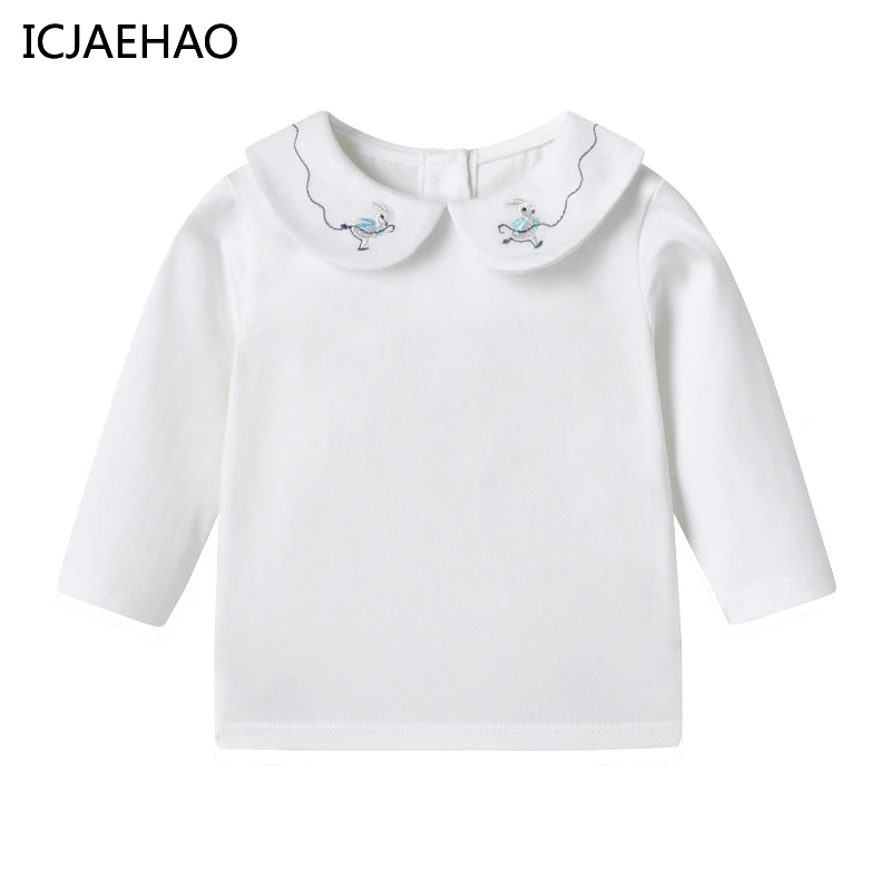 ICJAEHAO 2024 Girls Base Shirt Spring Autumn New Arrival White Rabbit Doll Collar Top Baby All-Match Long-Sleeved T-Shirt Top