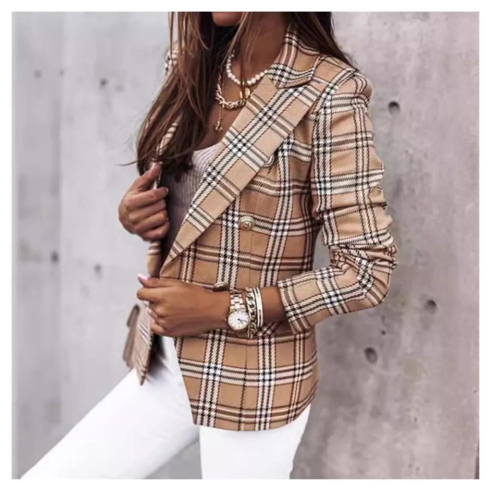 Herfst En Winter Lange Mouwen Double Breasted Casual Gedrukt Vrouwen Pak Slim Fit Wollen Blazer Feminino Elegante Ropa Dama