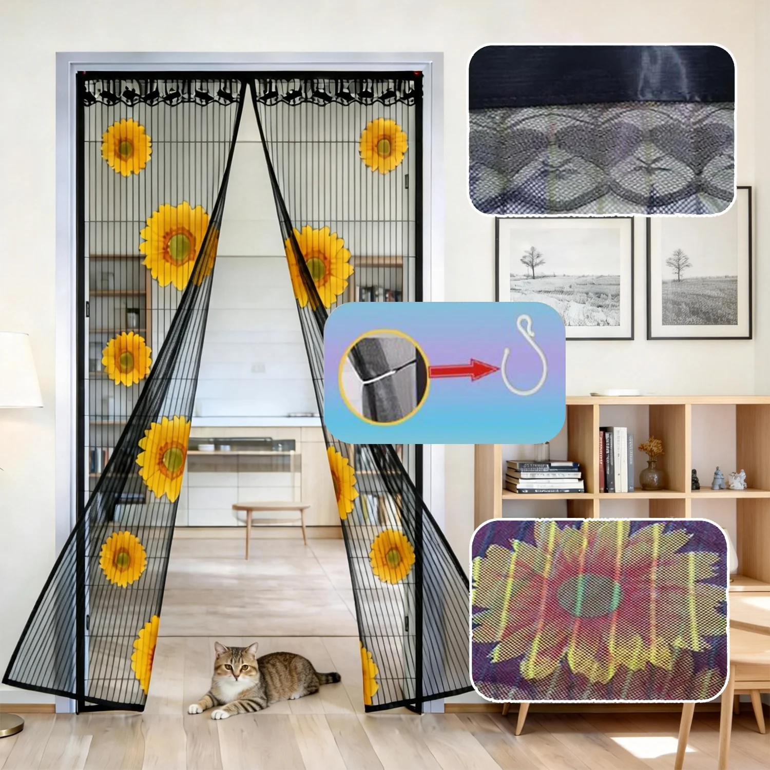 Sunflower Pattern Magnetic Screen Door for Summer, Household Curtain, Drill‑Free Installation, Silent Partition