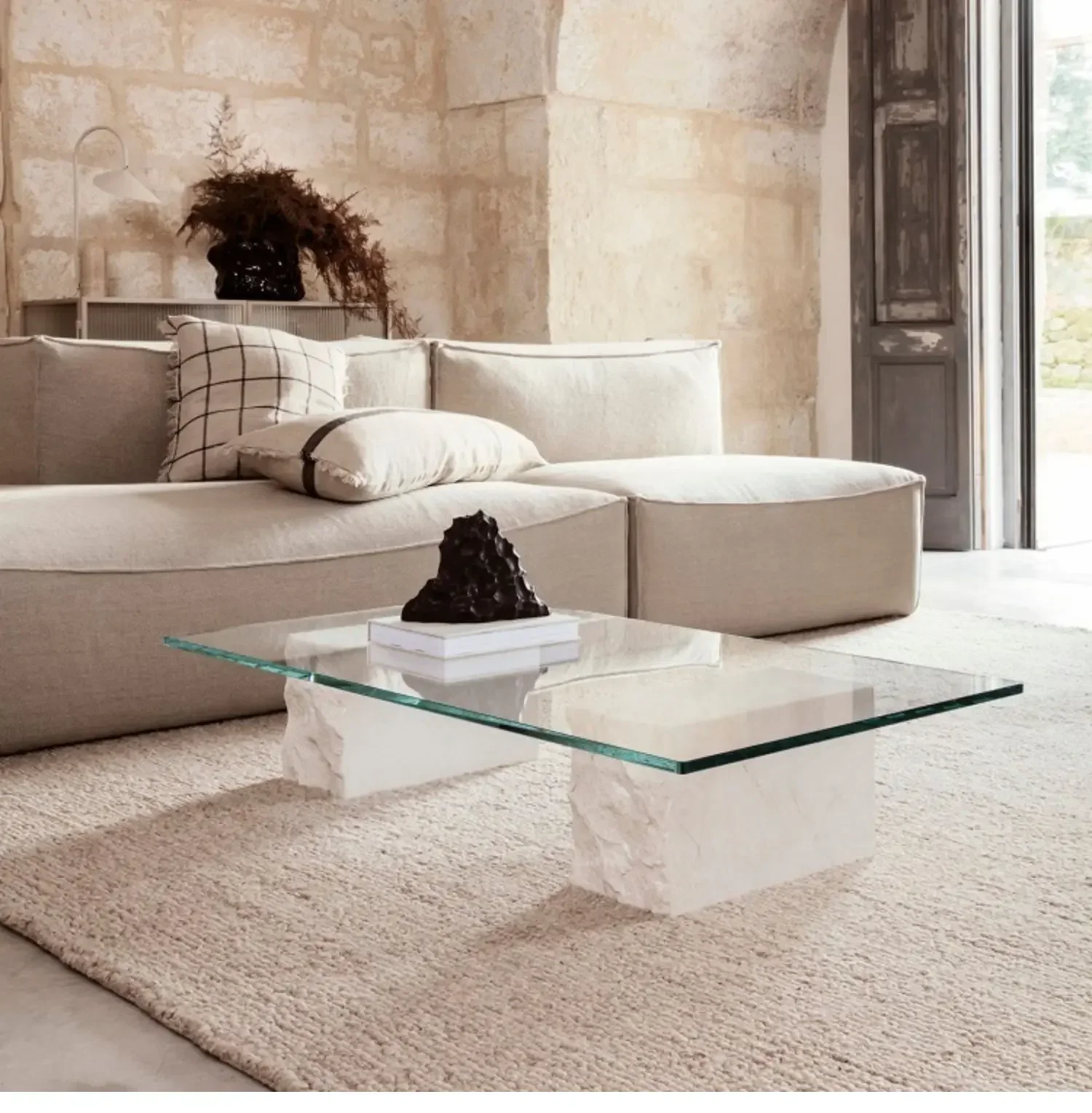 

smt1 Nordic minimalist white marble tempered glass coffee table, personalized destruction style living room tea table