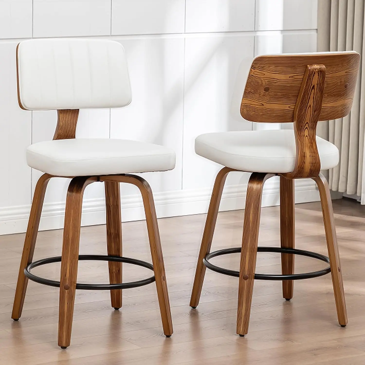 

25.2” Swivel Bar Stools Set of 2,White Faux Leather Counter Height Barstools with Back,Mid Century Modern Wood High, Customized