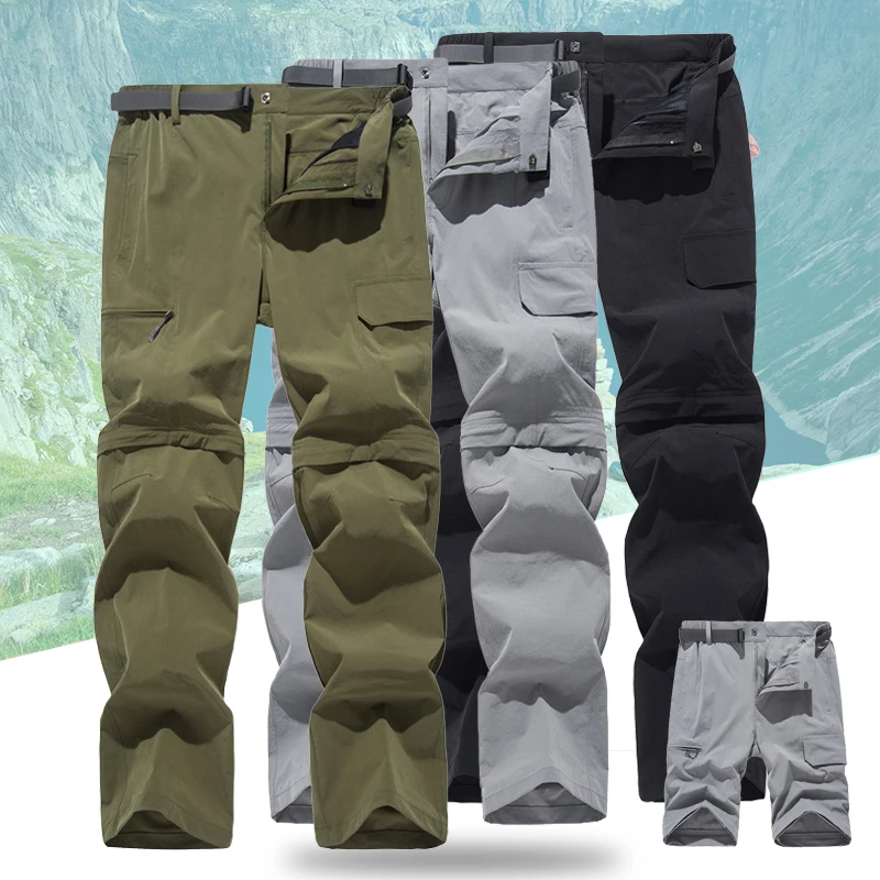 (M-5XL) 2 in 1 Men Hiking Pants Outdoor Lightweight Tactical Multi-pocket Detachable Loose Camping Fishing Cargo Shorts Trousers