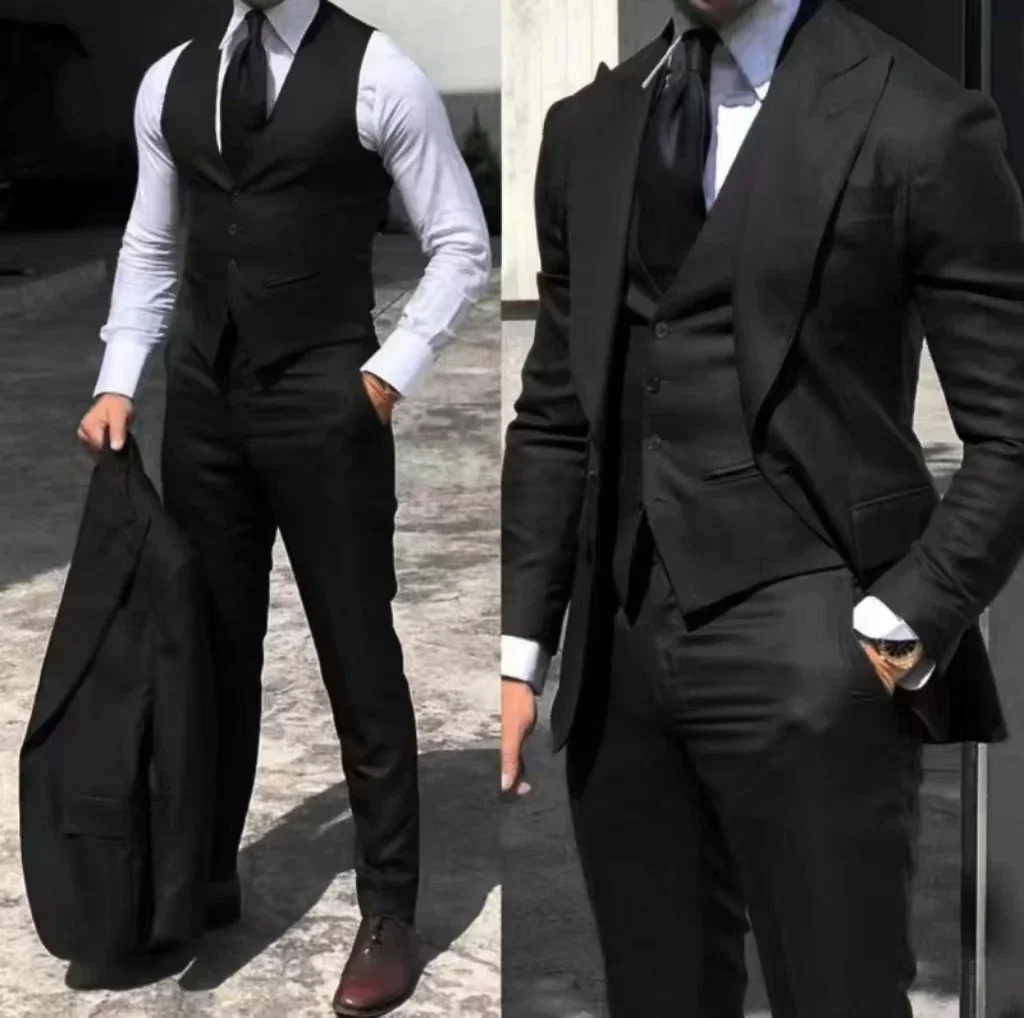 Men's 3-Pieces Slim Fit Wedding Peaked Lapel Tuxedo Groomsmen Slim Fit Blazer Pant Vest Suit High Quality Tuxedos