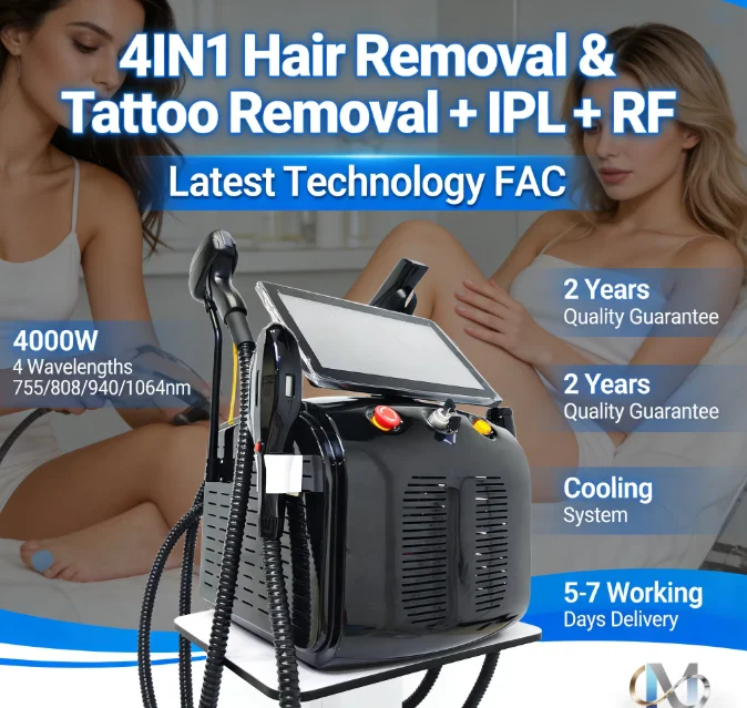 

Лазерный аппарат для удаления волос 4-в-1 с диодным титановым лазером 4000 Вт, 4 длинами волн (755, 808, 1064 нм, 940 нм)