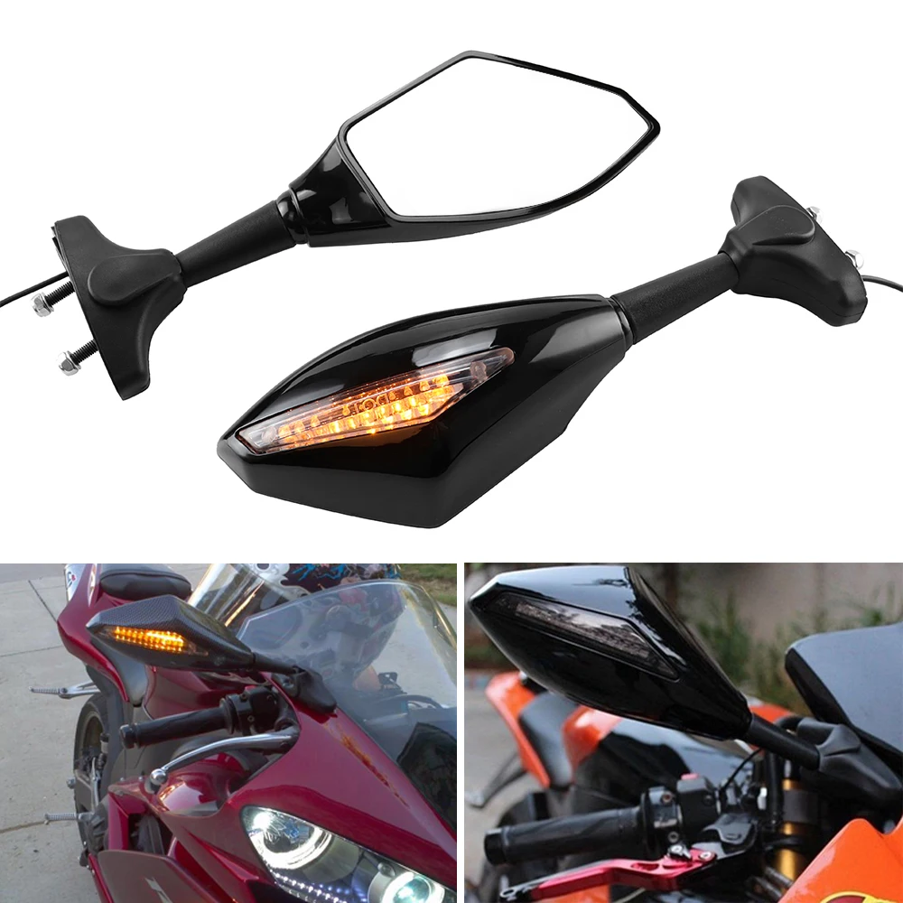 

1 Pair Black Motorcycle LED Light Rear View Side Mirrors For Honda CBR 250 600 1000 RR F3 F4 Suzuki SV650S Yamaha YZF R6