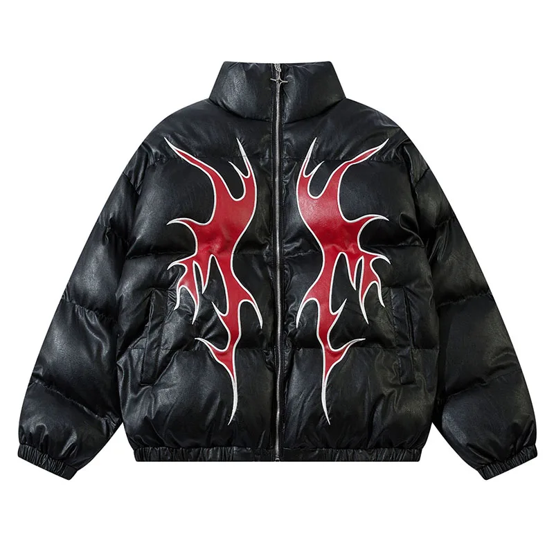 

Hip Hop Fire Embroidery Casual Jackets Parka Harakuju Leather Bubble Coat Streetwear For Male Black