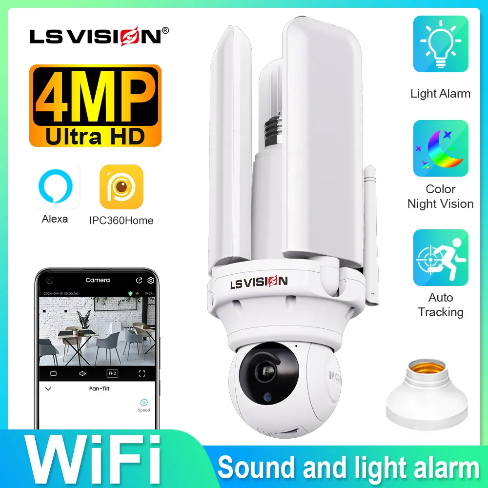 

LS VISION Wifi Surveillance Camera Bulb 30W Fan Light 360 Ptz Video 2k Cctv Cameras Supports Nvr IP Cam for Garage, Warehouse