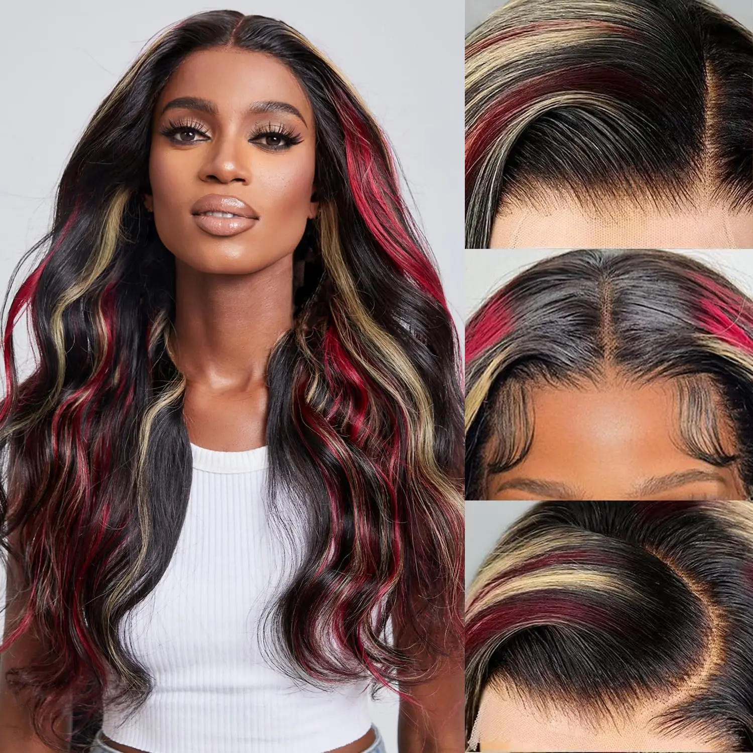 

Black Red Blonde Highlights Wig Human Hair 13x4 Lace Front Wig Human Hair Black and Red Wig Highlight Body Wave Wig180% Density